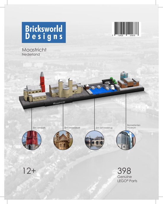 Achterkant van de verpakking met Lego-model van de skyline van Maastricht en de Sint Servaaskerk.