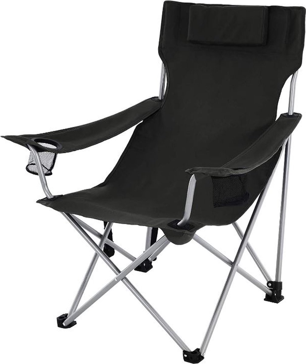 MIRA Home - Opvouwbare campingstoel - Buitenstoel met armleuningen - Hoofdsteun en bekerhouder - 81 x 70 x 91 cm - Zwart