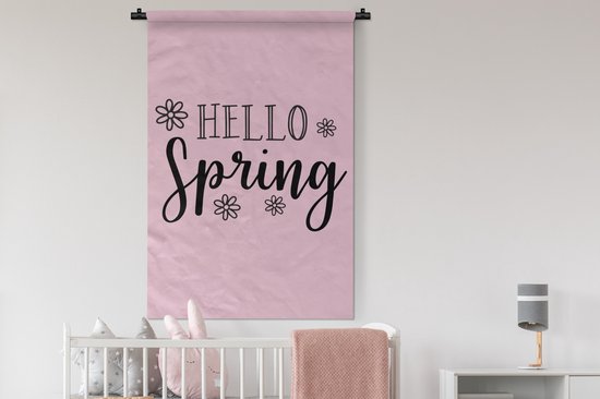 Tenture murale - Toile murale - Citation « Bonjour le printemps » avec fleurs roses - 90x135 cm - Tapisserie murale