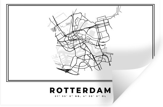 Muurstickers - Sticker Folie - Plattegrond – Rotterdam – Zwart Wit – Stadskaart - Kaart - Nederland - 60x40 cm - Plakfolie - Muurstickers Kinderkamer - Zelfklevend Behang - Zelfklevend behangpapier - Stickerfolie