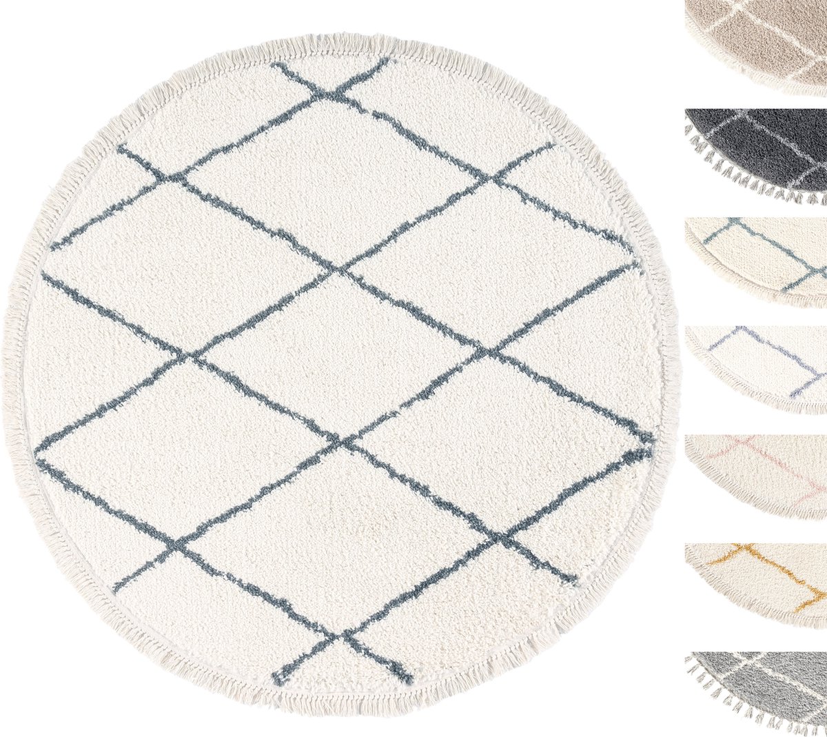 Vloerkleed Shaggy Rond, Tapijt, Creme Antraciet, Hoogpolig, 120cm Cirkel, Superzacht, Franjes, Berber stijl