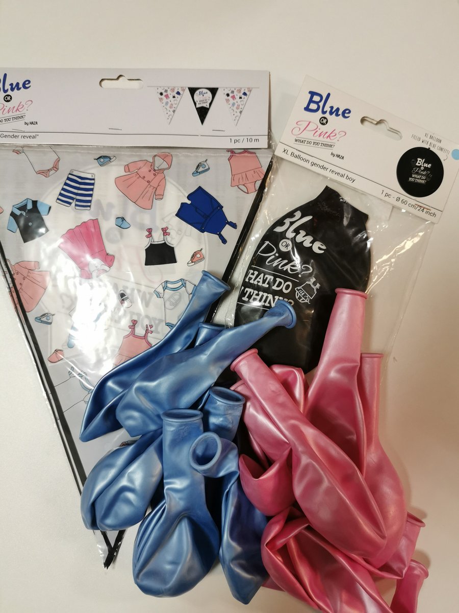gender reveal feestpakket blauw met grote zwarte ballon met blauwe confetti, 10 roze ballonnen, 10 blauwe ballonnen en vlaggenlijn 10mtr