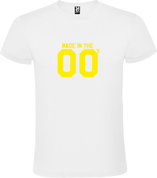 Wit T shirt met print van " Made in the Zero's / dubbel 00 " print Neon Geel size XXL