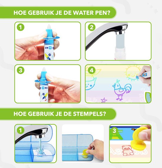 Instructies voor de waterpen en stempels: vul de pen met water, zet hem aan en teken. Gebruik de stempels door ze in de houder te plaatsen en op het doek te drukken.