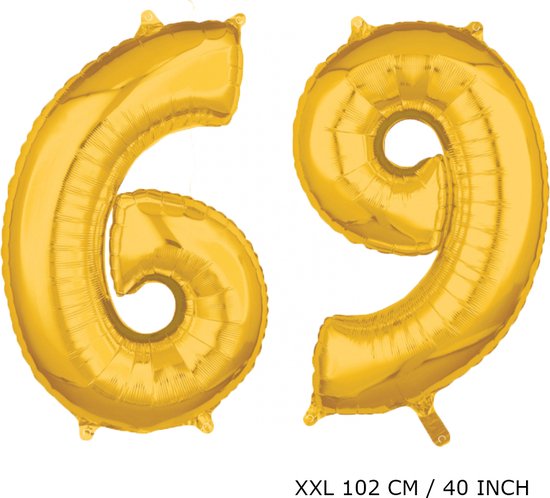 Mega grote XXL gouden folie ballon cijfer 69 jaar. Leeftijd verjaardag 69 jaar. 102 cm 40 inch. Met rietje om ballonnen mee op te blazen.