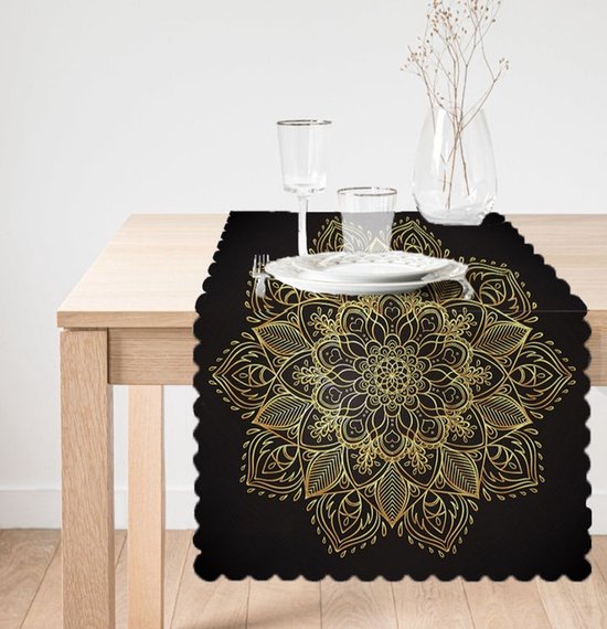 De Groen Home Bedrukt Velvet textiel Tafelloper - Gold Mandala op Zwart - Fluweel - 45x135 - Tafel decoratie woonkamer