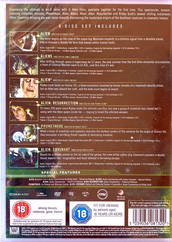 6-disc set met de Alien films. De achterkant toont de covers en filmtitels.