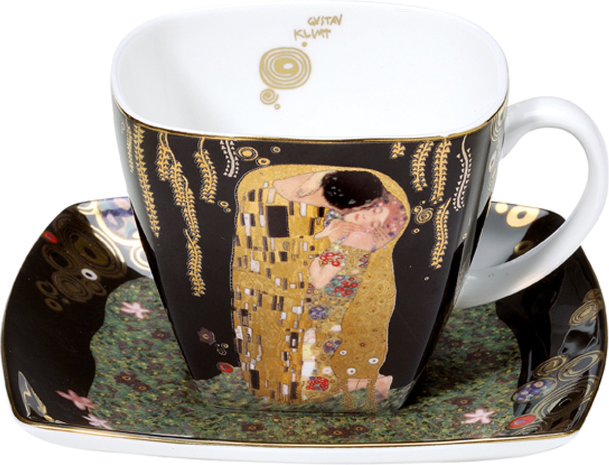 Goebel - Gustav Klimt | Kop en schotel De Kus zwart | Porselein - 250ml - met echt goud