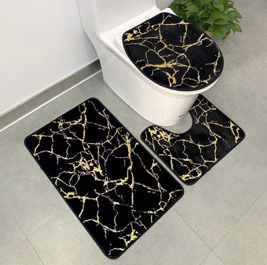 Luxe badmat- Badmatten set - Wc mat - Toiletbril hoes - Toiletmat - Badkamer mat - Zwart met goud - Antislip - Zacht - Kwaliteitsmat - 50X80 - Senella