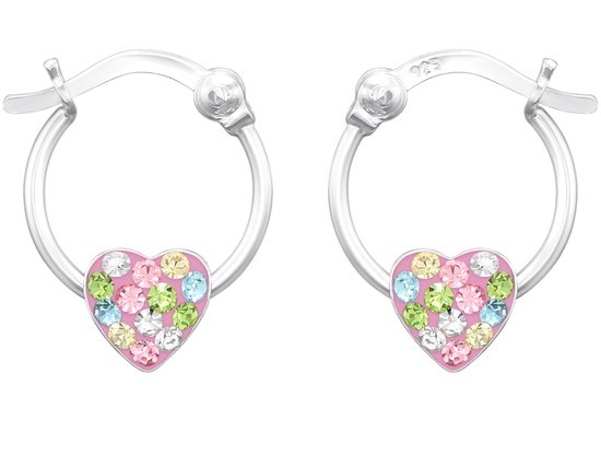 Joy|S - Zilveren hartje oorbellen - oorringen met Franse sluiting - roze hart met multicolor kristal