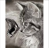 Diamond painting - kat zwart wit - ronde steentjes - hobby - 50 x 40 - art - kinderen - volwassen