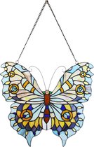 LumiLamp Glaspaneel Tiffany Vlinder 40*60 cm Blauw Glas Glaskunst Glas in Lood Paneel Glas in Lood Hanger