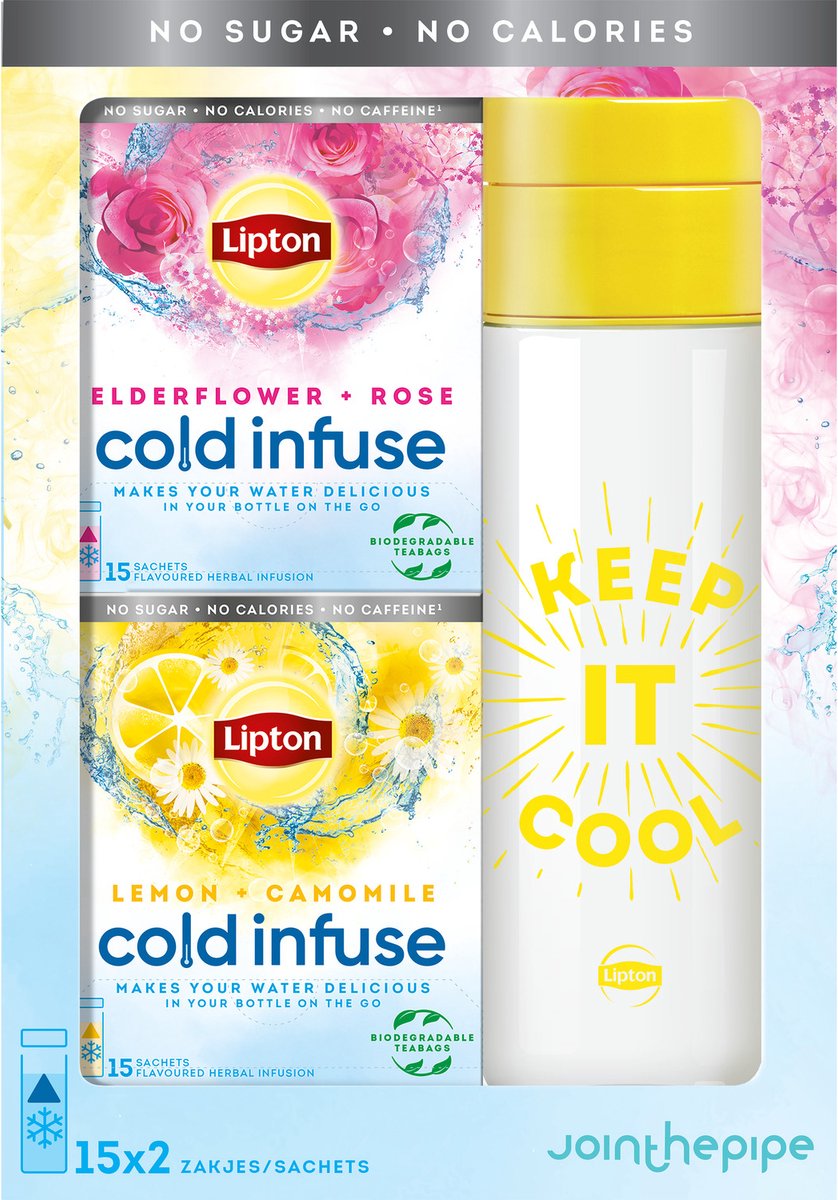 Lipton Cold Infuse Cadeau pakket, 30 verfrissende theezakjes, smaak voor je koude water inclusief een drinkfles van Join The Pipe - 1 pakket - Lipton