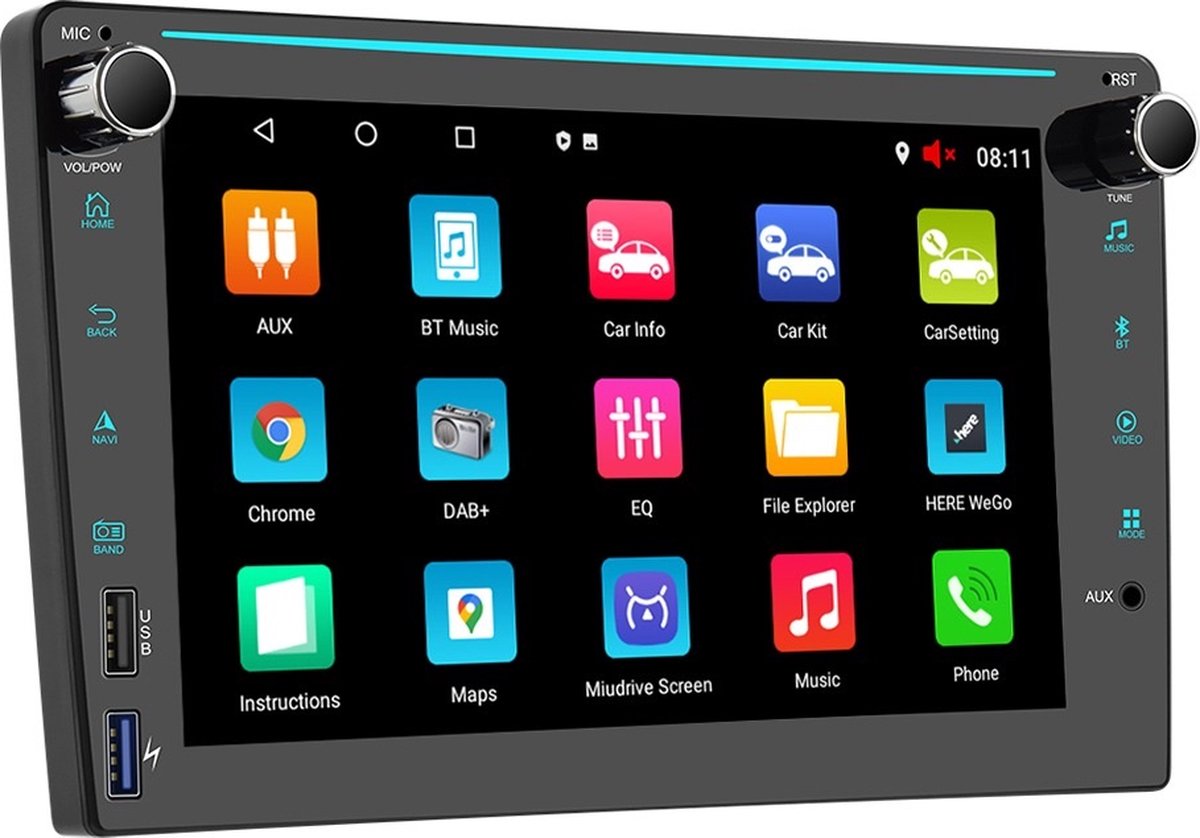 TechU™ Autoradio AT53 – 2 Din – 8” Touchscreen Monitor – Bluetooth & Wifi – Android & iOS – Handsfree bellen – FM radio – 4 USB – GPS Navigatie – Ingang voor achteruitrijcamera