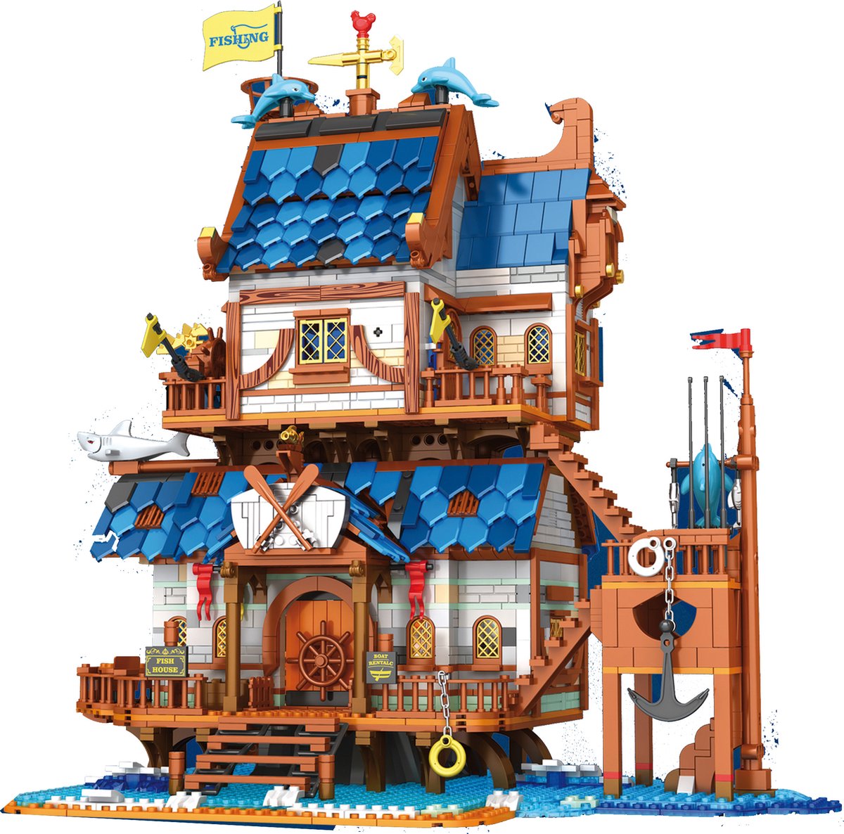Reobrix 66007 European Century Vishandel bouwset incl. verlichtingen | Classic Creator Modular Building | Expert Architecture Modelbouw | Geschikt voor Lego | Technisch Educatief Speelgoed voor volwassenen & kinderen | Bouwdoos met 2450 bouwstenen
