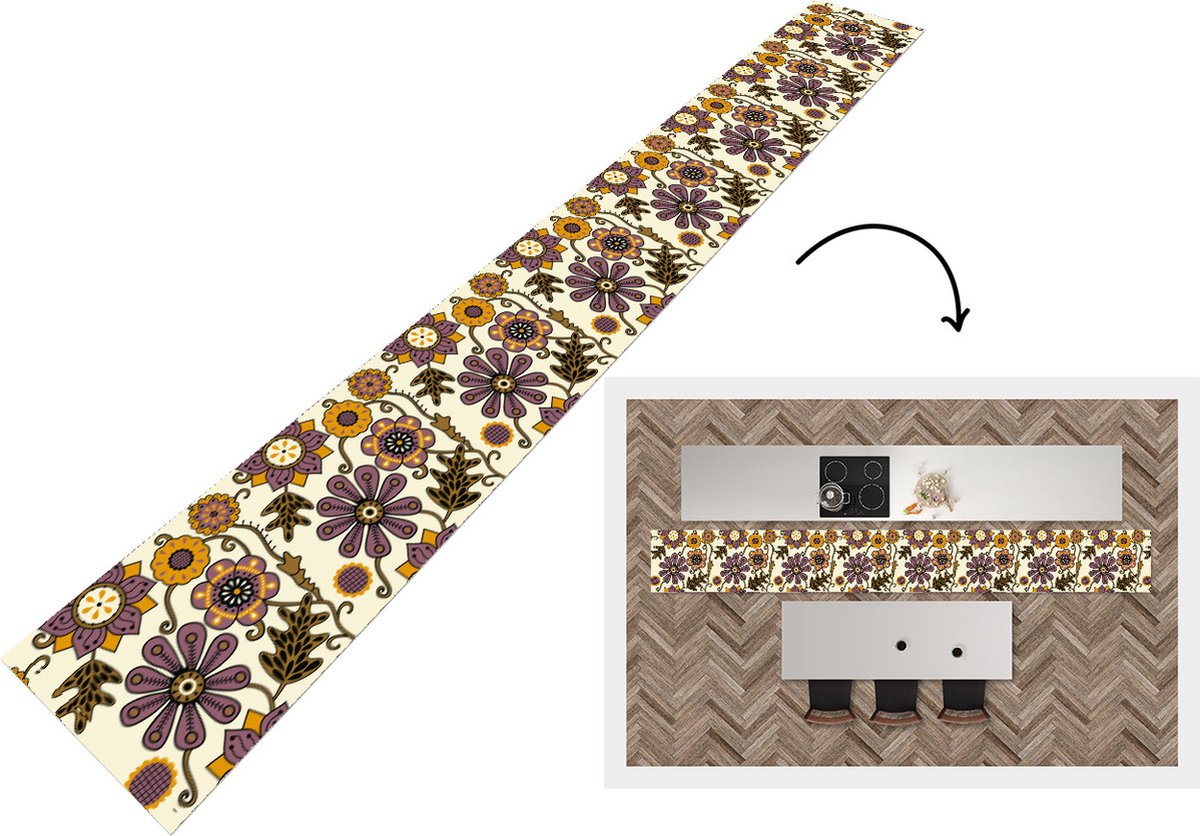Keukenloper - Keukenmat - Bloemen - Bohemian - Vintage - Cartoon - 480x60 cm - Keuken vloerkleed