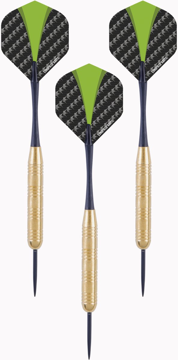 Steeltip Dartpijl Set 23 Gram – 3 Stuks – Goud/Zwart/Groen – Brass Barrel, Nylon Shaft – Inclusief Kunststof Opbergetui – Semi Professioneel – Longfield