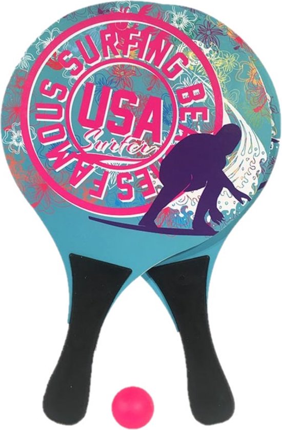 Foto: Houten beachball set met usa surfing print strand balletjes rackets batjes en bal tennis ballenspel