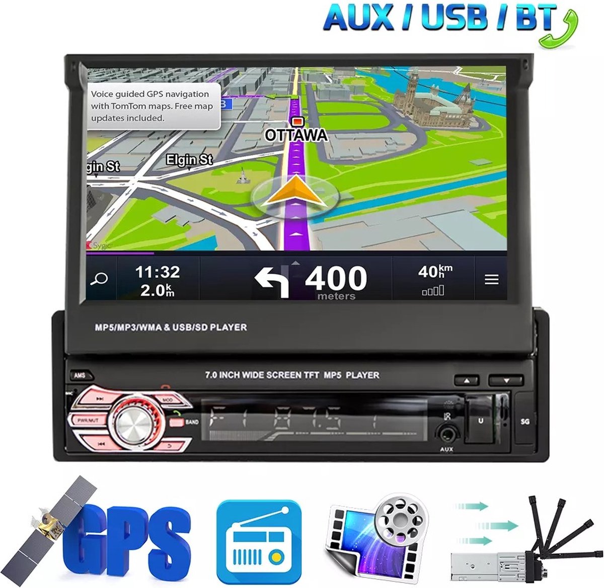 TechU™ Autoradio met klapscherm AT55 – 1 Din – 7” Touchscreen Monitor – Uitschuifbare Display – GPS Navigatie – Bluetooth – Android & iOS – Handsfree bellen – FM radio – USB – Incl. Afstandsbediening