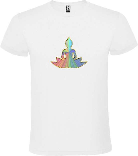 Wit T shirt met print van 'Boeddha Gele rand' Multi Colour size L