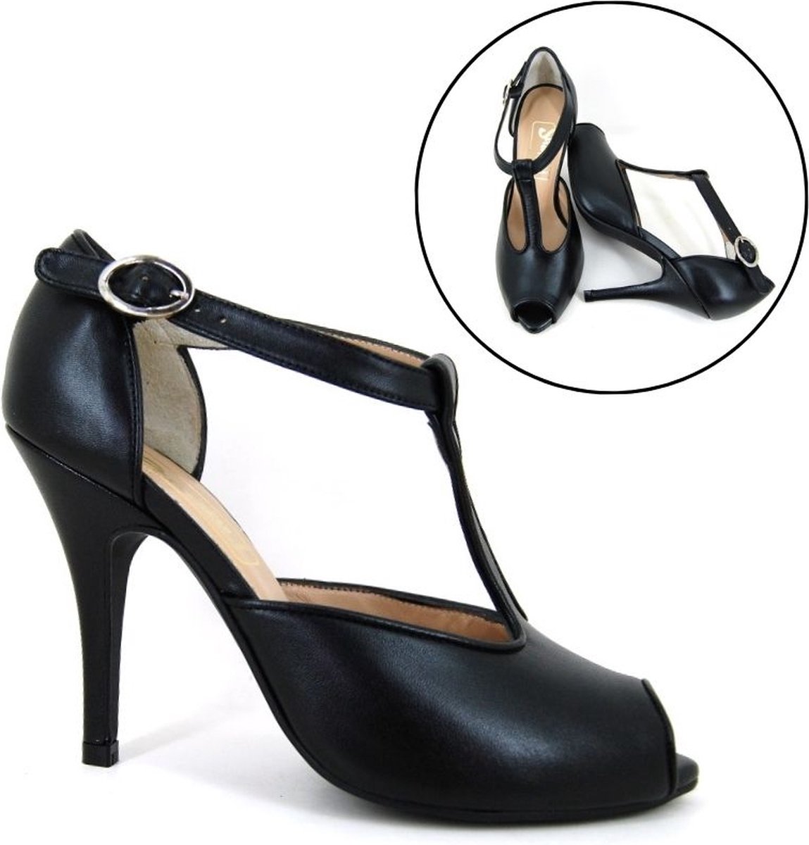 Stravers - Peeptoe Pumps met Hak en Bandje Maat 35 Kleine Maten Zwarte Stiletto Hakken