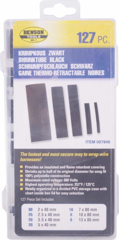 Verpakking Benson Tools 127 stuks krimpkousen zwart. Met afbeeldingen van de maten. Inclusief maattabel.