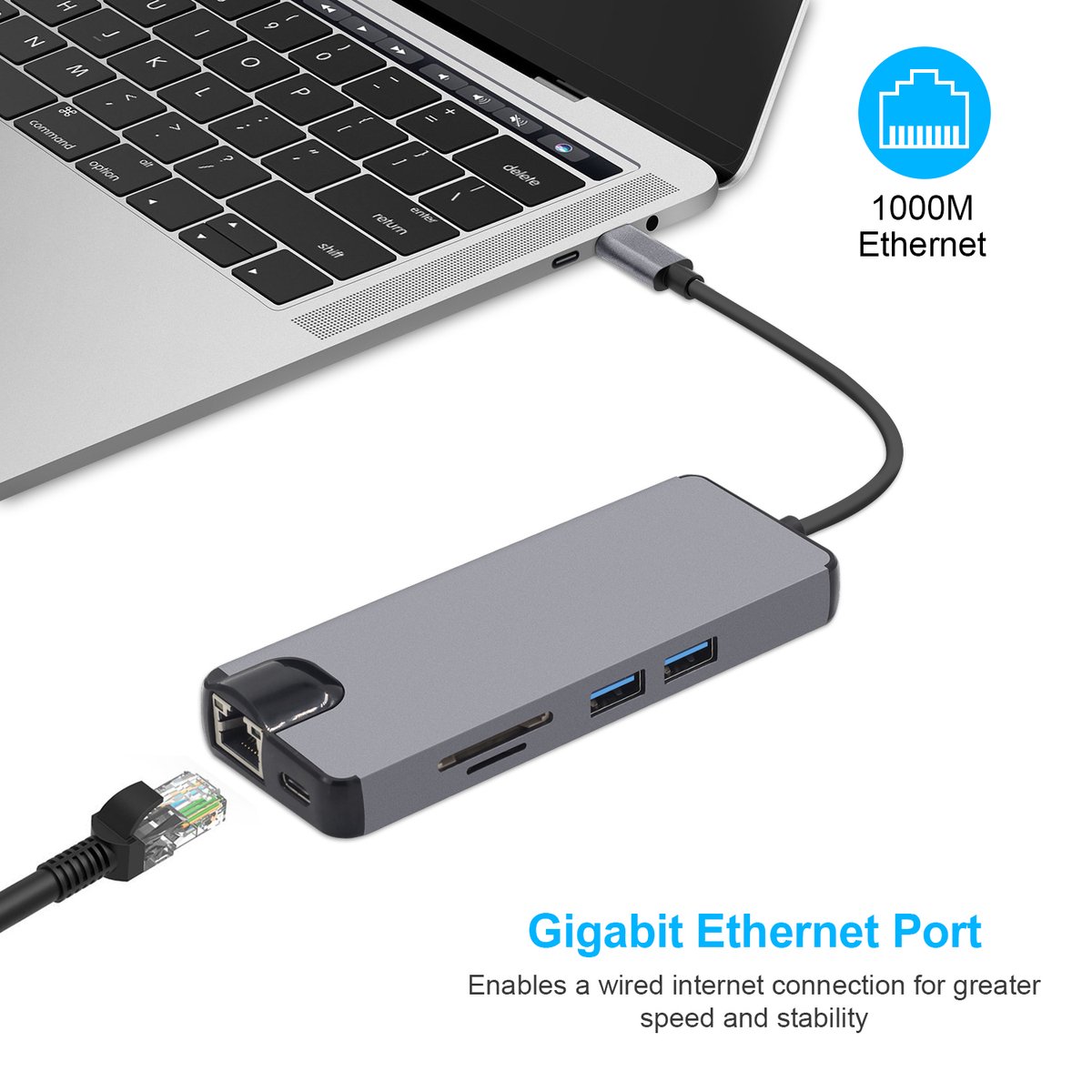 8-in-1 USB-C Hub Adapter met HDMI 4K, USB 3.0, SD/TF Card Reader, VGA, Ethernet voor MacBook en Laptop - Afbeelding 5