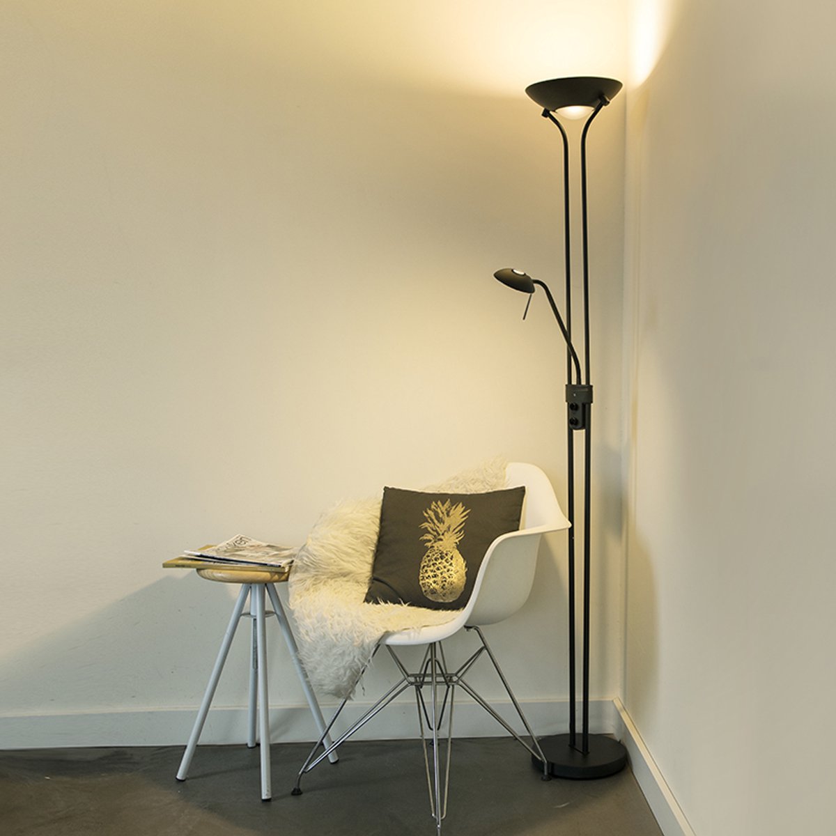 QAZQA diva - Moderne Dimbare LED Staande Uplighter | Vloerlamp | Staande Lamp met Dimmer met leeslamp - 2 lichts - H 1800 mm - Zwart - Woonkamer | Slaapkamer | Keuken thumbnail 5
