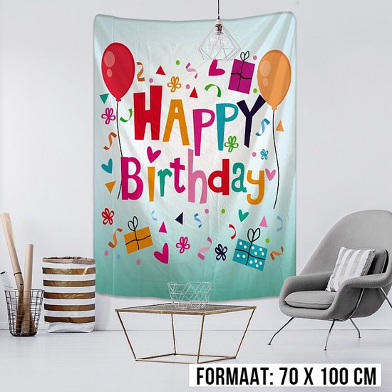Happy Birthday 2 Wandkleed Groot Wandtapijt Wanddecoratie Muurkleed Tapestry - Verjaardag - Kleur - 100 x 70 cm