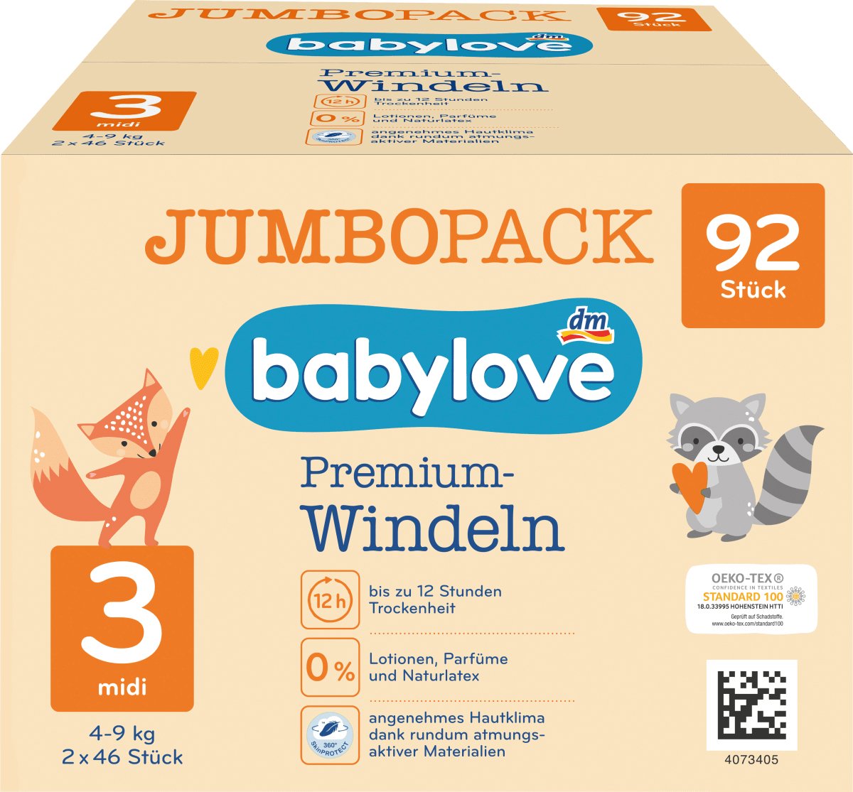 babylove Couches Premium taille 3, Midi, 4-9 kg, Jumbo Pack, 92 pcs