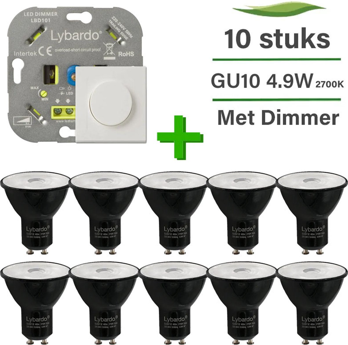 GU10 LED lamp - 10 pack - 4.9W - Dimbaar - Warm wit licht + LED dimmer 0-150W met afdekplaat
