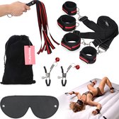 MyFantasy BDSM Bed Bondage Set – Sex Toys – Inclusief Handboeien, Zweep, Hogtie, Oogmasker en Tepelklemmen
