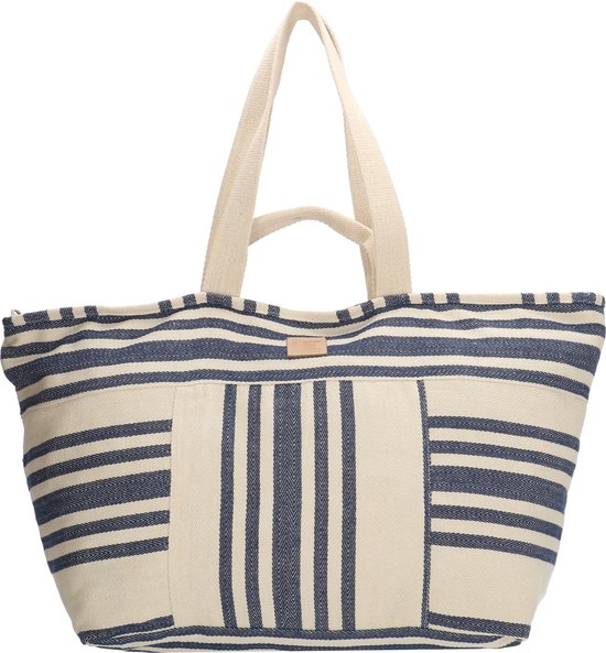 Grote XL strandtas met ritssluiting, navy en crème strepen, verticale strepen en een bruin label op de voorkant.