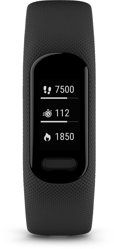 Zwarte Garmin Vívosmart 5 activity tracker met een getextureerde band en een scherm dat 7500 stappen, 112 hartslagen en 1850 calorieën toont.