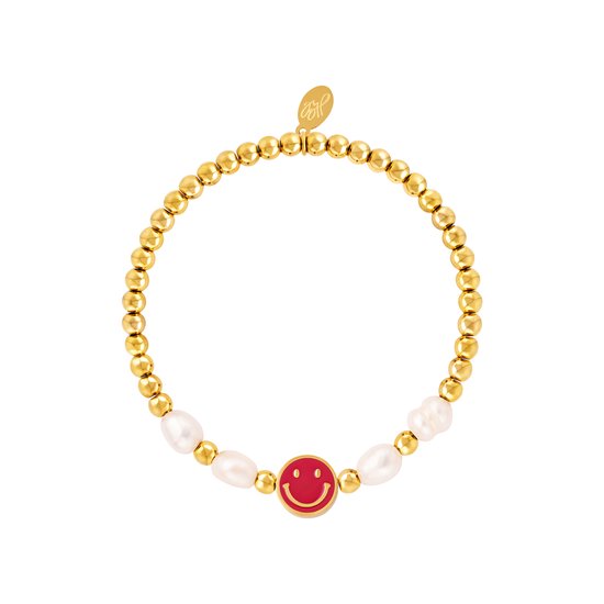 Bracelet smiley perles acier inoxydable - Bracelets de perles - Bracelet perles - Taille unique - Goud/ Rouge