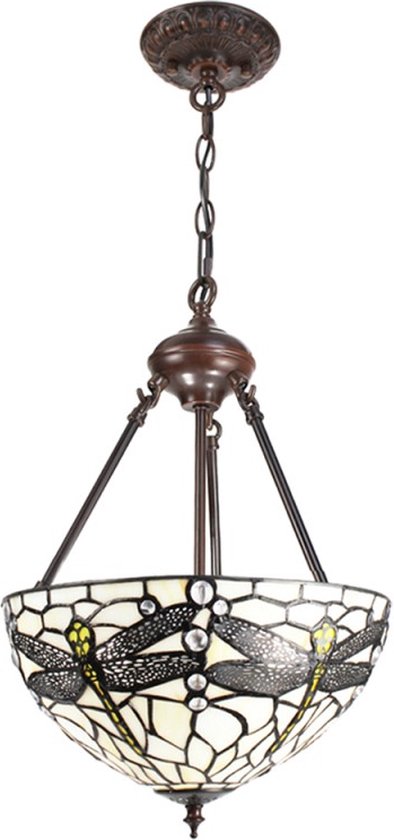 LumiLamp Hanglamp Tiffany Ø 31*126 cm E27/max 2*40W Wit Metaal, Glas Libelle Hanglamp Eettafel Hanglampen Eetkamer Glas in Lood