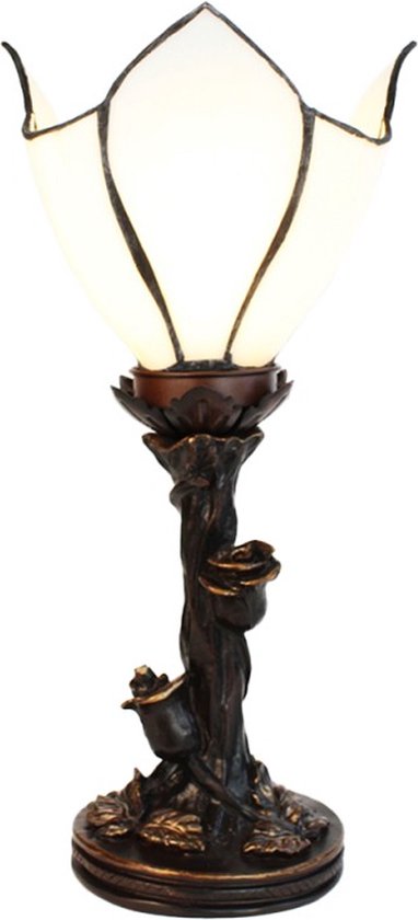 LumiLamp Tiffany Tafellamp Bloem Ø 18*32 cm E14/max 1*25W Wit, Bruin Glas, Kunststof Tiffany Bureaulamp Tiffany Lampen