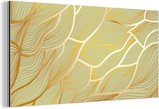 Wanddecoratie Metaal - Aluminium Schilderij Industrieel - Gouden golven op een groene achtergrond - 80x40 cm - Dibond - Foto op aluminium - Industriële muurdecoratie - Voor de woonkamer/slaapkamer