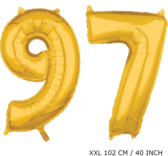 Mega grote XXL gouden folie ballon cijfer 97 jaar. Leeftijd verjaardag 97 jaar. 102 cm 40 inch. Met rietje om ballonnen mee op te blazen.