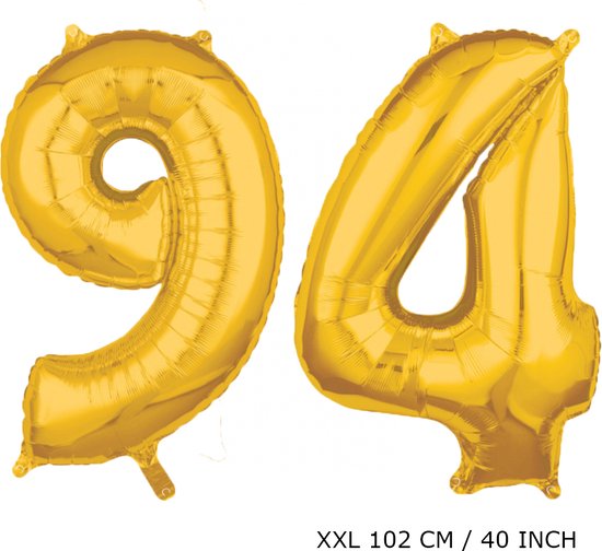 Mega grote XXL gouden folie ballon cijfer 94 jaar. Leeftijd verjaardag 94 jaar. 102 cm 40 inch. Met rietje om ballonnen mee op te blazen.