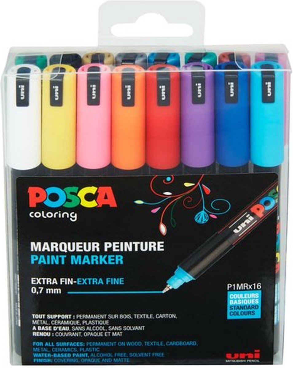 Posca Marker - Fineliner - Paintmarker - Standaard Kleuren - PC-1MR - lijndikte 0,7mm - 16 stuks