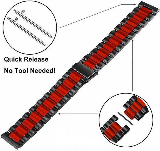 Strap-it Steel link strap 20mm - Bracelet en acier inoxydable adapté pour Samsung Galaxy Watch 42mm / Galaxy Watch 3 41mm / Galaxy Watch Active & Active2 40 & 44mm - Amazfit GTS / Bip - Polar Ignite / Unite - Zwart/ rouge