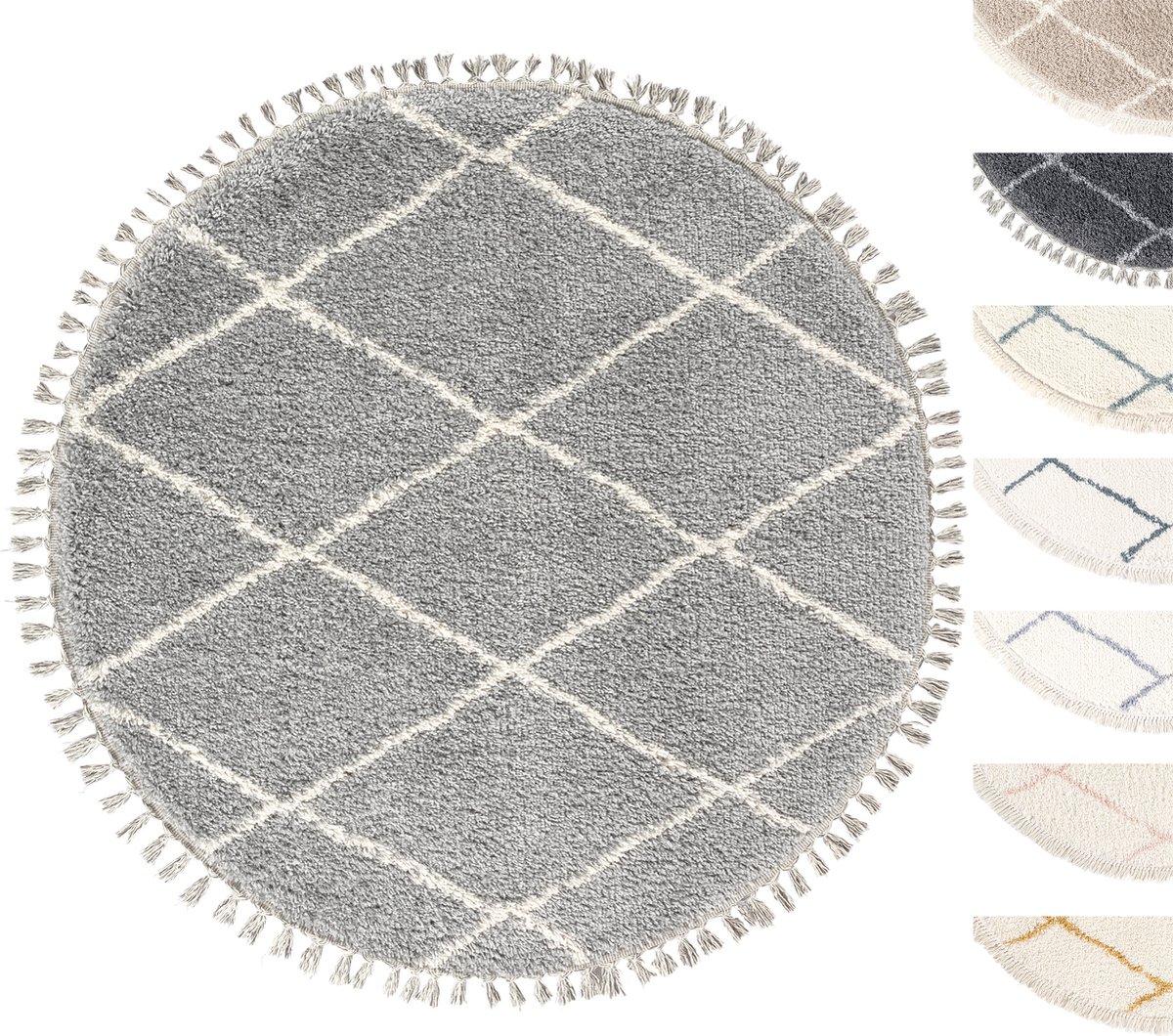 Vloerkleed Shaggy Rond, Tapijt, Grijs, Hoogpolig, 120cm Cirkel, Superzacht, Franjes, Berber stijl
