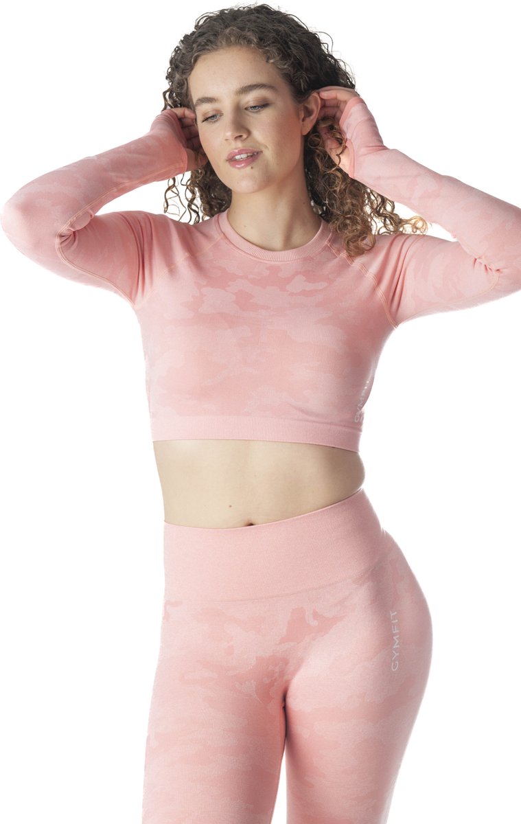 GYMFIT - Longesleeve Camo Salmon Pink - Sportkleding dames - Sportlegging dames - High waist - Yoga legging dames - Maat L