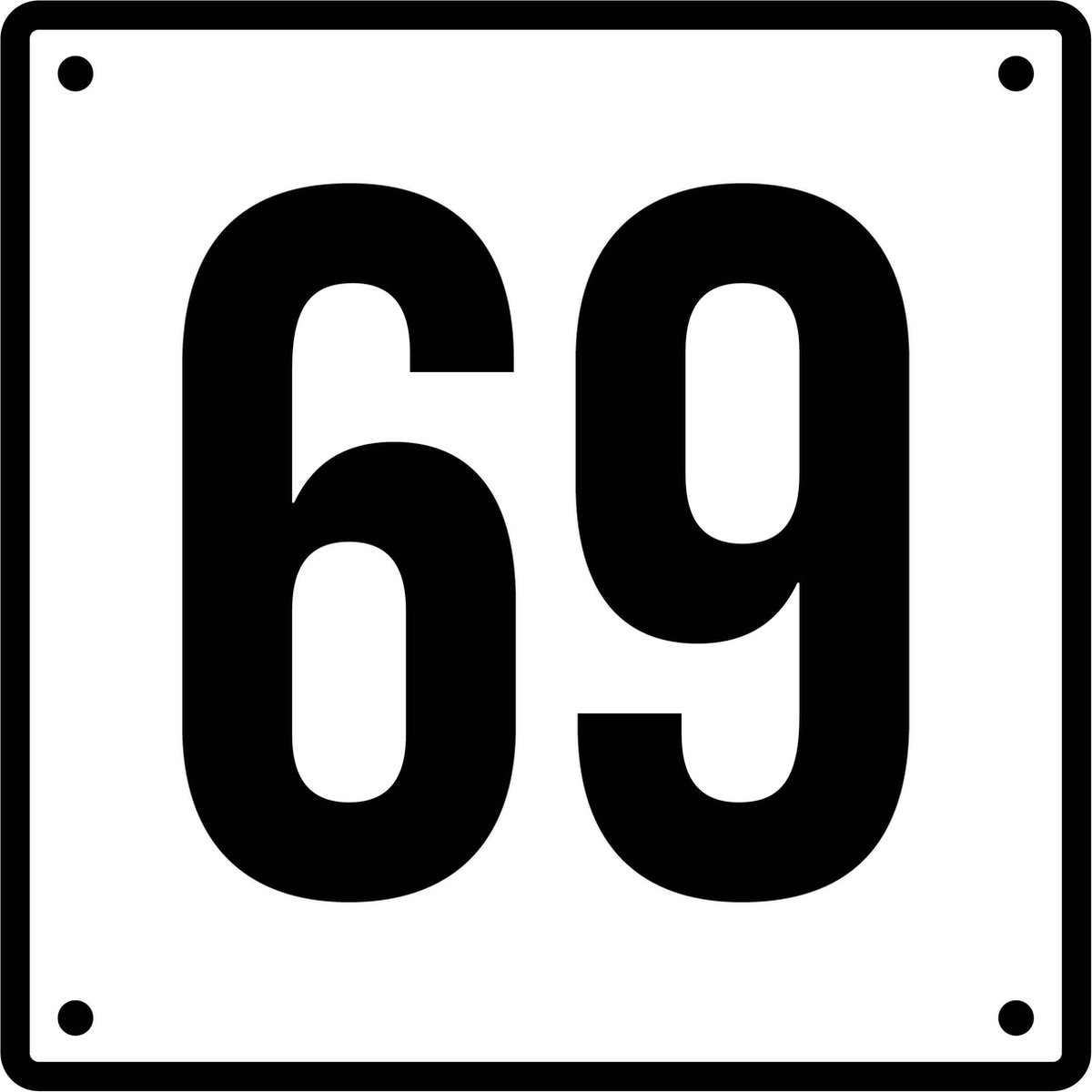 Huisnummerbord 69 - Incl. Schroeven en Pluggen – Acrylaat - 10 x 10 cm - Wit met Zwart