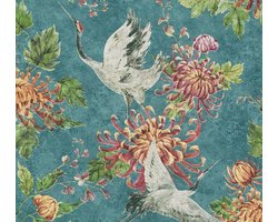 KRAANVOGEL BEHANG | Dier & Natuur - blauw groen grijs oranje - A.S. Création Asian Fusion