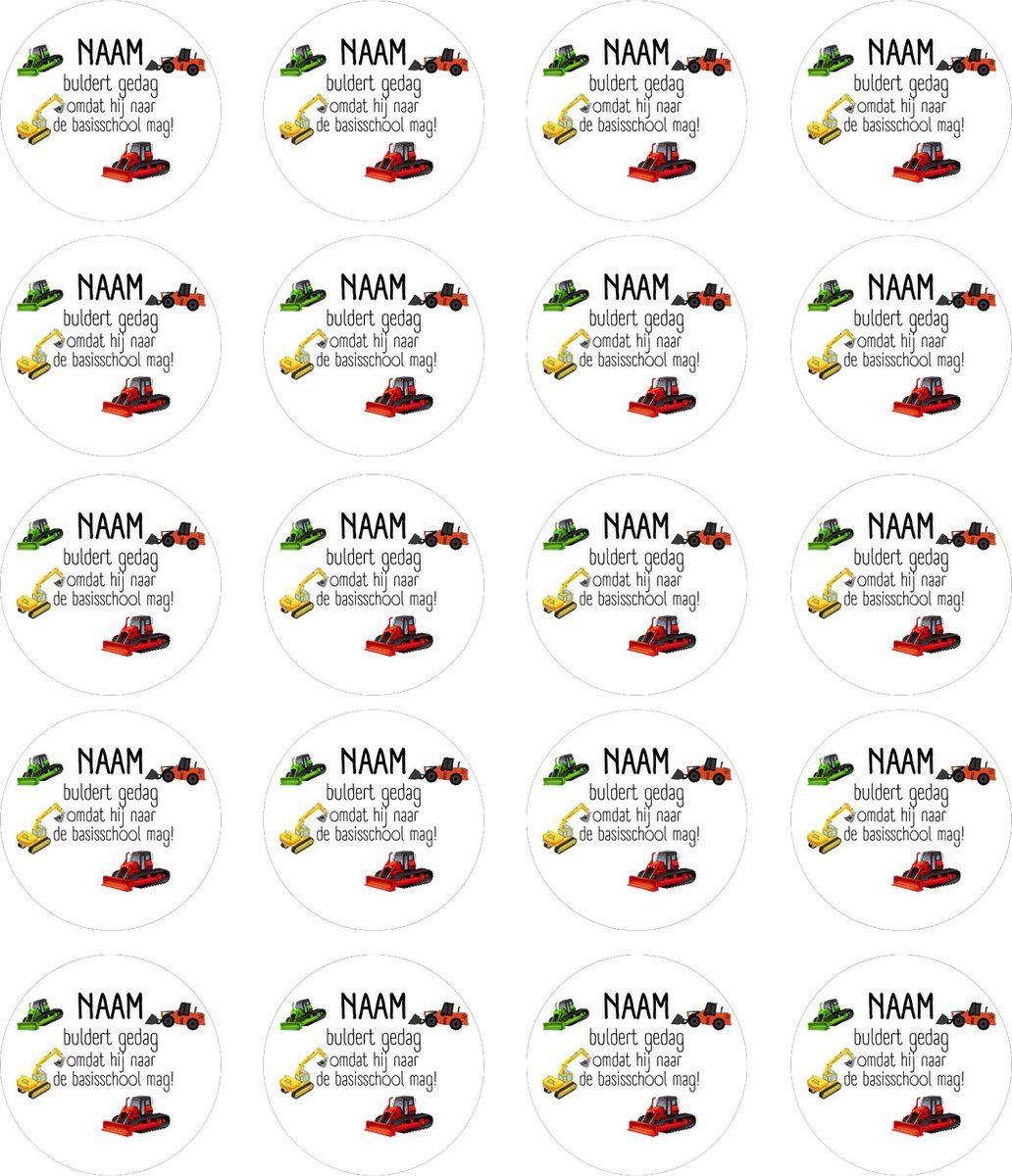 20 x Traktatiestickers Met Naam | Bulldozer Graafmachine | Gepersonaliseerd | Afscheid Peuterspeelzaal Kinderdagverblijf Basisschool | Sluitsticker | Wensetiket Cadeausticker Kinder Traktatie — afbeelding 2