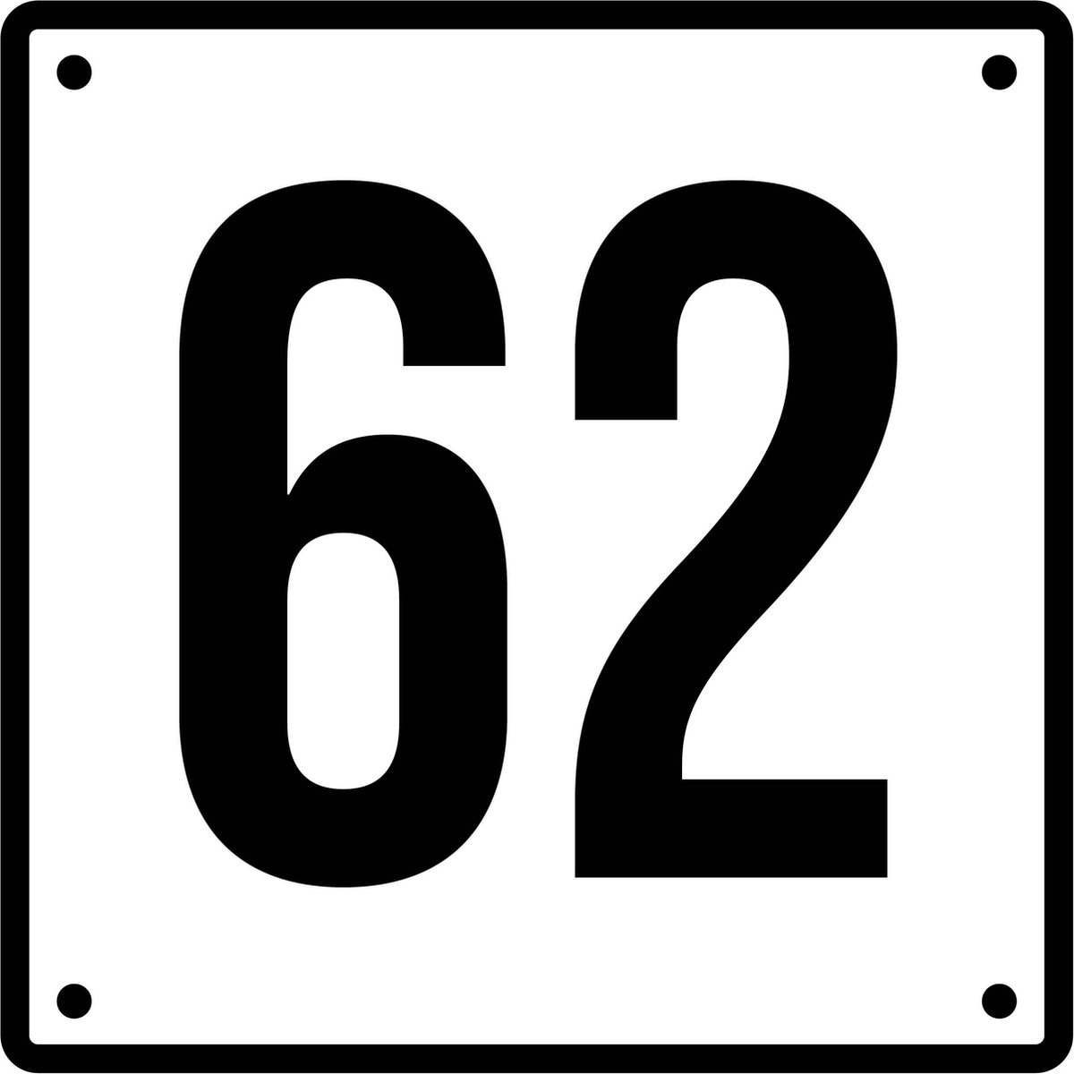 Huisnummerbord 62 - Incl. Schroeven en Pluggen – Acrylaat - 10 x 10 cm - Wit met Zwart