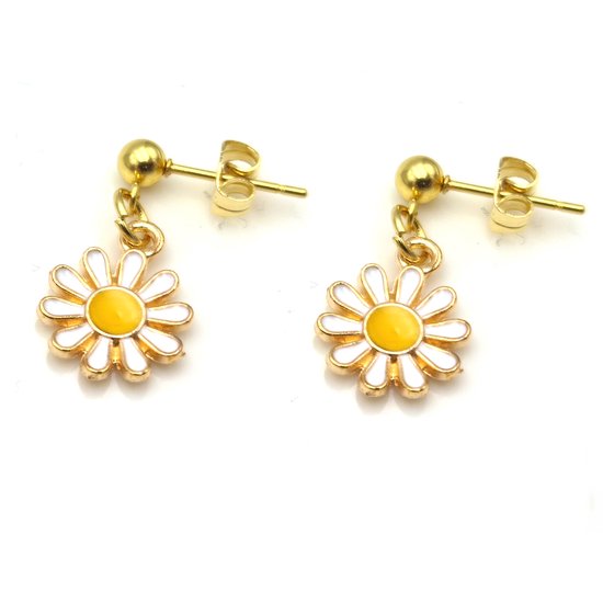 Boucles d'oreilles d'oreilles pendantes avec clou doré et blanc avec pendentif fleur marguerite 12mm
