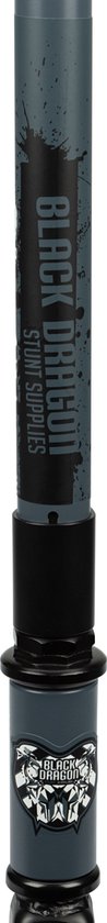 Close-up van de stuurkolom van een grijze stuntstep met 'Black Dragon' logo en verfspatten design.
